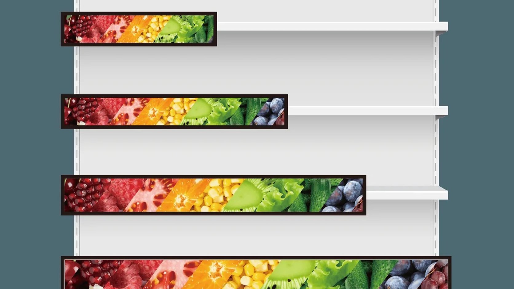 Shelf-edge bar LCD display on a retail shelf rail