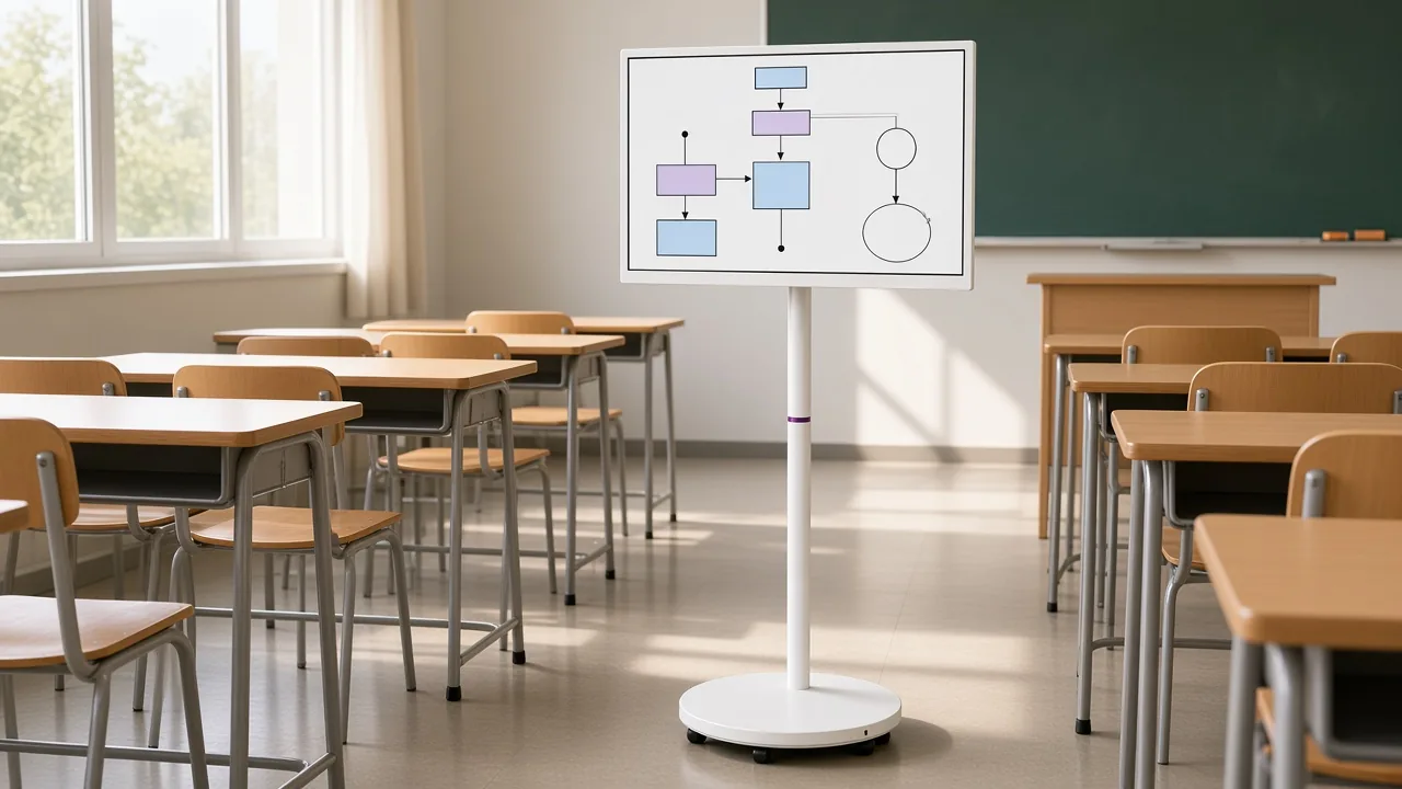 Empty classroom with a 27/32 portable smart TV on casters