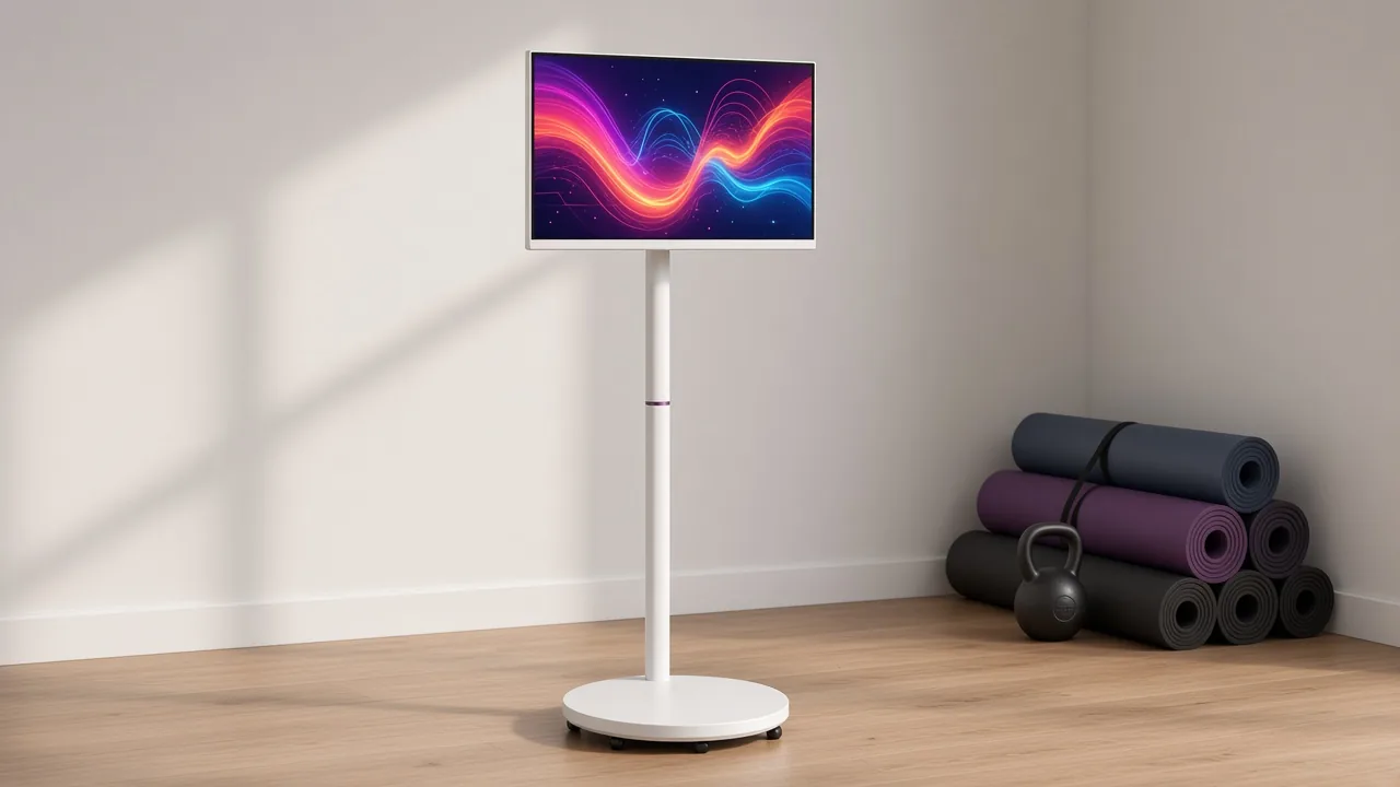 Empty indoor fitness corner with a 27/32 portable smart TV on casters