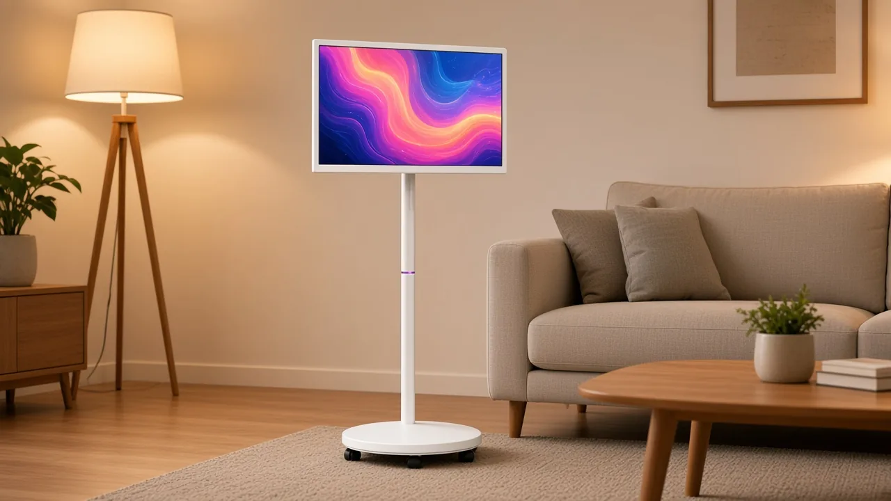 Living room with a 27/32 portable smart TV on casters, no people