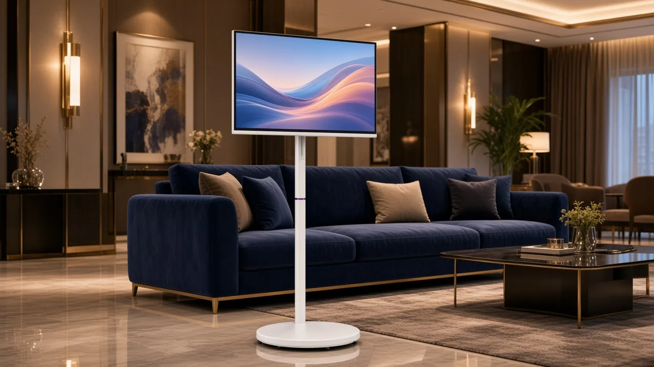 Empty hotel lounge with a 27/32 portable smart TV on casters