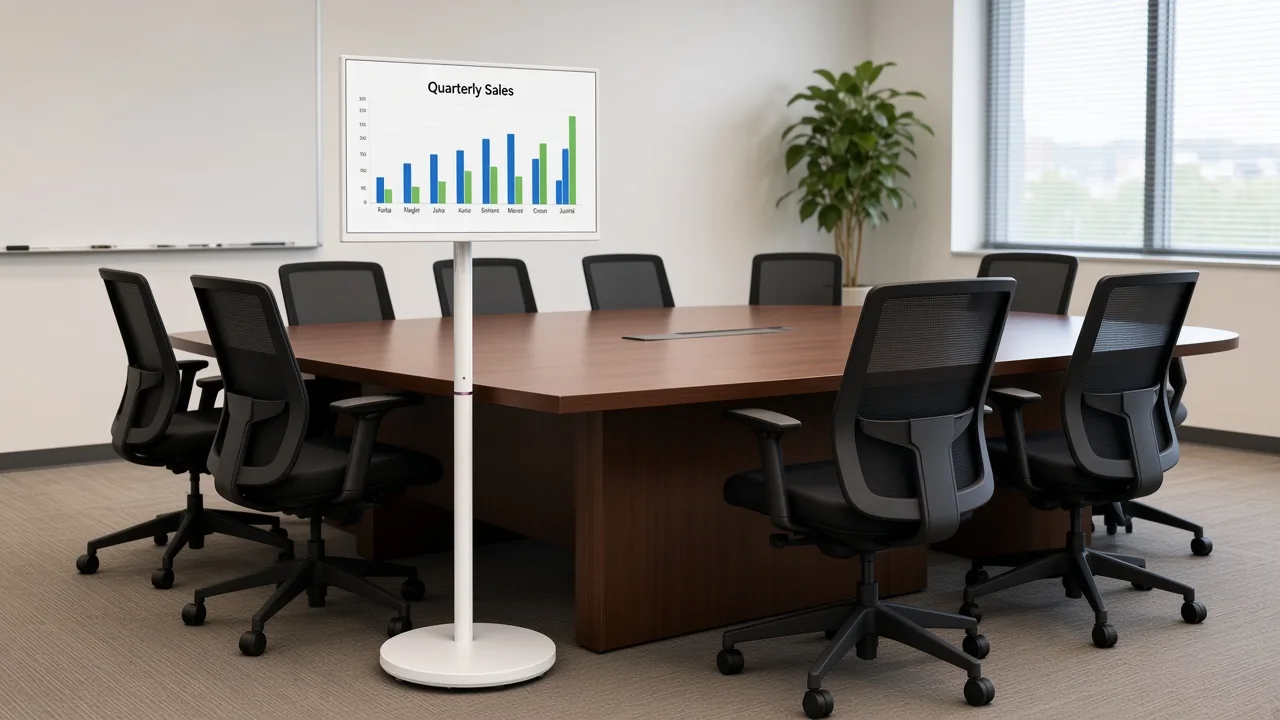 Empty meeting room with a 27/32 portable smart TV on casters