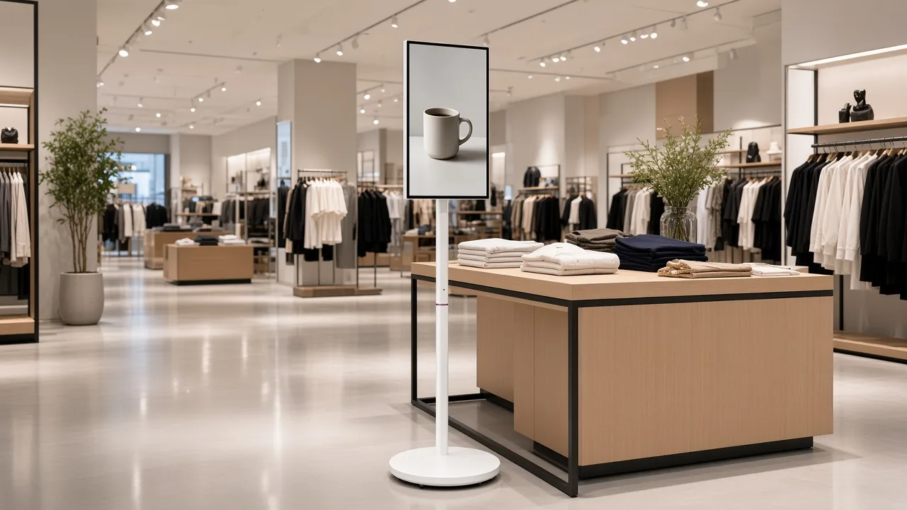 Empty shop with a portrait 27/32 portable smart TV on casters